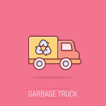 Garbage truck icon in comic style. Recycle cartoon vector illustration on isolated background. Trash car splash effect sign business concept.