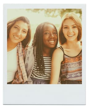 Women, friends and group portrait with smile as polaroid picture for bonding connection, summer or together. Female people, face and diversity in environment for relaxing joy, vacation or weekend