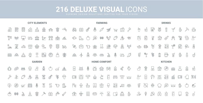 Equipment and tools for farming and gardening, cooking, city buildings line icons set