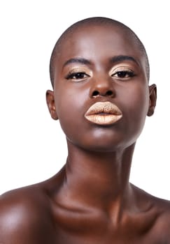 Portrait of black woman, beauty or makeup with lipstick, cosmetics or healthy skin in studio. Gold color, face or serious African girl model with glow or skincare results on white background