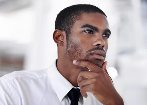 Businessman, thinking and ideas for new opportunity, startup and professional in formal clothes. Black man, corporate and planning or thoughts in office environment, vision and salesman in workplace