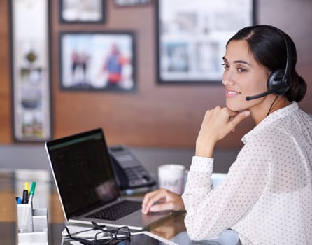 Businesswoman, phone call and headset with laptop, virtual assistant and online in corporate office. Technology, computer and thinking for financial advisor, employee and communication with client.