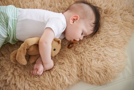 Toddler, sleep and home with teddybear in sofa to rest, tired and relax with dummy and dream. High angle, baby, and nap in couch for child development, growth and innocent with peace for bedtime