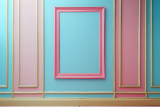 Aqua rectangle art frame on a pink and electric blue wall with tints and shades