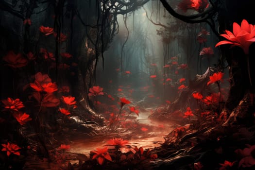 Dense Red flowers dark jungle. Generate Ai