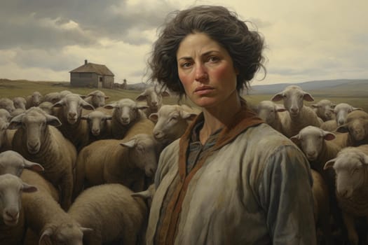 Strenuous Female sheep farmer work. Animal farm care. Generate Ai