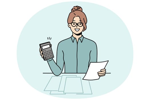 Female accountant calculate taxes on machine