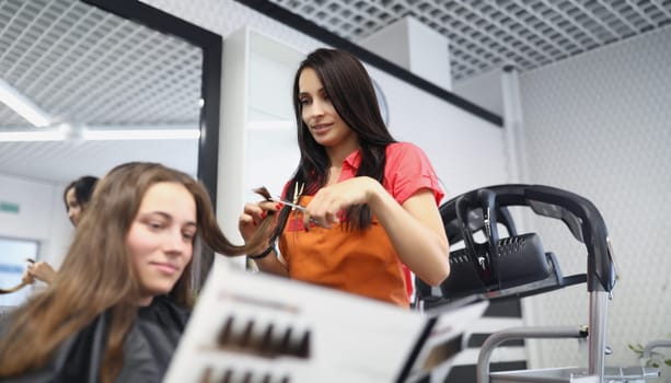 Woman hairdresser cutting tips of client with catalog with palette of hair colors. Hair care concept