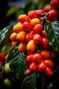 Close-up of coffee fruit at a coffee farm on a branch, Colombia