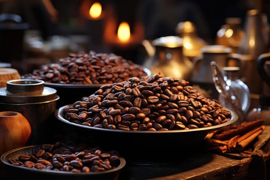 Roasted coffee beans close-up in dishes . Colombian coffee