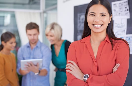 Asian woman, portrait or creative team with manager for meeting, planning or brainstorming in leadership at office. Female person with smile in confidence, startup management or project on technology
