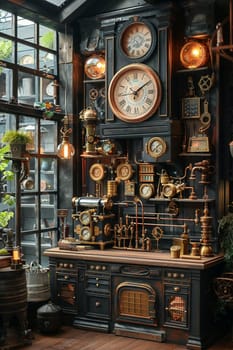 Steampunk study with vintage gadgets and brass detailsHyperrealistic