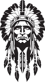 A Wonderful iconic Native American chief in a black and white vector illustration, Suitable for logo design, tattoo design or print on demand