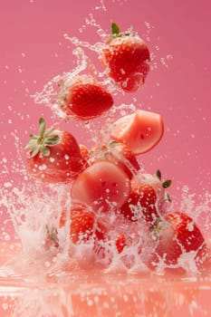 fresh watermelon and strawberries with splashes of water on a pink background