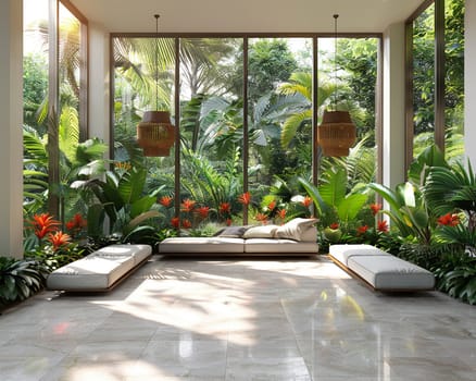 Bright and airy conservatory with floor-to-ceiling glass and tropical plants.3D render