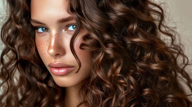 A close up of a woman with curly hair and freckles