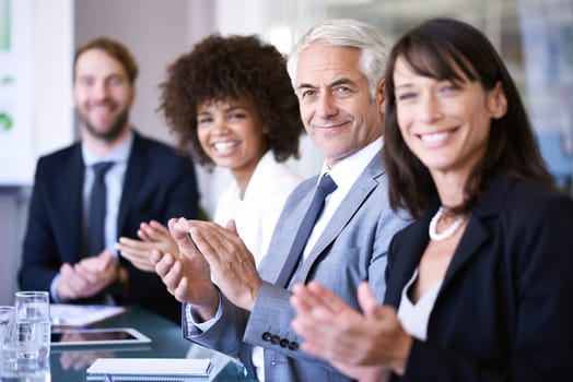 Portrait, people or clapping in business, workshop or meeting of company, corporate or training. Businesspeople, applause or smile in conference room as professional, presentation or communication.