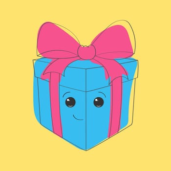 A blue box with a pink bow on top is featured in this hand painted doodle. The box appears to be a gift or present, wrapped beautifully with the eye-catching contrast of blue and pink