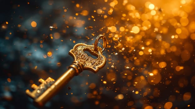 A golden key surrounded by sparkling lights on a black background. Business concepts of unlocking potential, the key to success, or financial opportunities