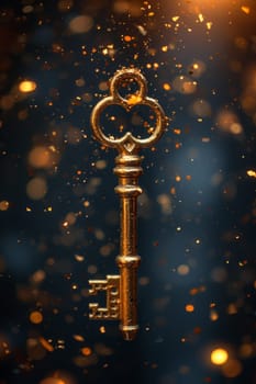 A golden key surrounded by sparkling lights on a black background. Business concepts of unlocking potential, the key to success, or financial opportunities