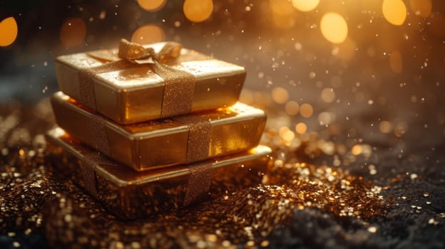 A stack of pure gold bars in a gift ribbon . The concept of business and finance.