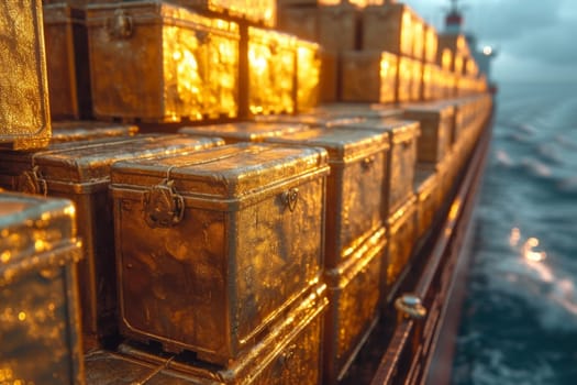 Gold containers with cargo on a container ship in the ocean.