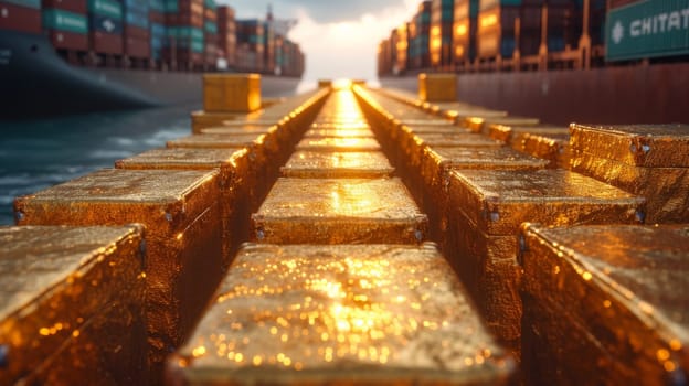 Gold containers with cargo on a container ship in the ocean at sunset