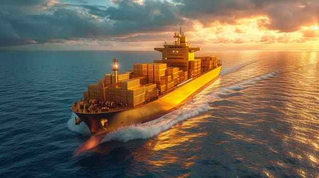 A ship with gold containers carries cargo by sea. Container ship