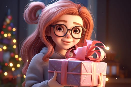 Portrait of a beautiful little girl with a gift box in her hands. 3d illustration