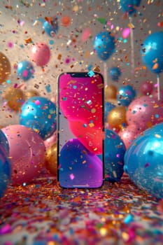 Smartphone on the background of festive balloons and confetti . The concept of shopping and holidays