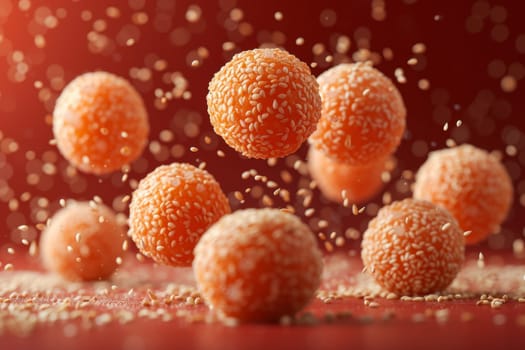 Lots of delicious sesame balls in flight on a red background