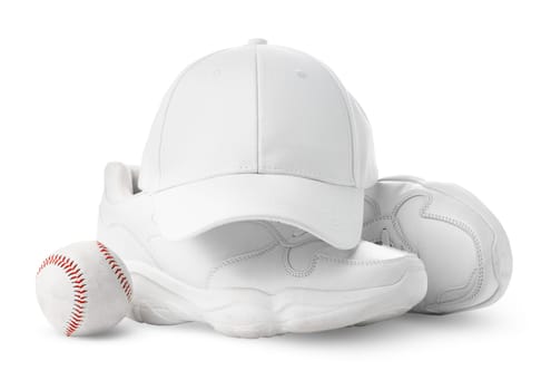 Baseball Cap, White Sneakers, and Ball on a white Background