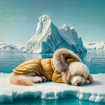 Dog Animal character in yellow golden puffer jacket lies on a block of ice alone in the middle of the ocean sea. Environmental issue, climate change agenda, AI generated