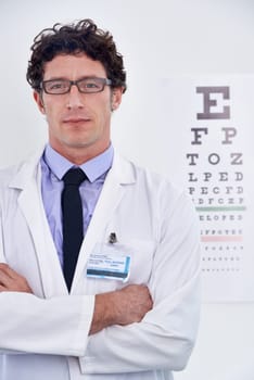 Man, optician and portrait for eye exam consultation or vision testing or prescription lens, glaucoma or confidence. Male person, glasses and ophthalmology checkup at clinic or advice, care or health