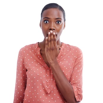 Black woman, portrait and shock with surprise in studio, reaction to drama with horror and wide eyes on white background. Alarm, alert with notification or news, facial expression and wow for crisis