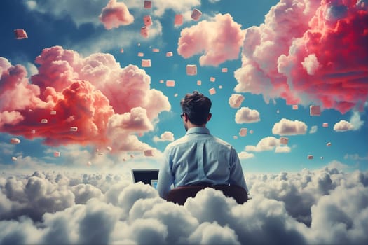 Man Sitting on Cloud With Laptop in Lap. Generative AI.