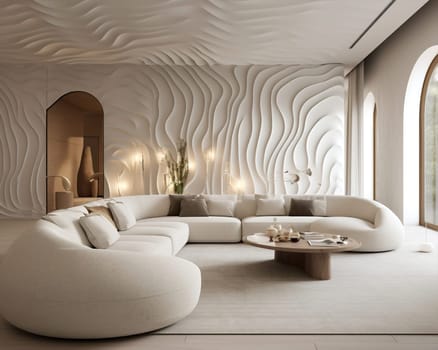 Apartment style minimal room interior white furniture beige home modern sofa living design decor