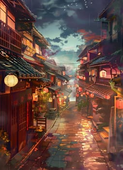 A painting of a city street at night with buildings, lanterns, and a cloudy sky