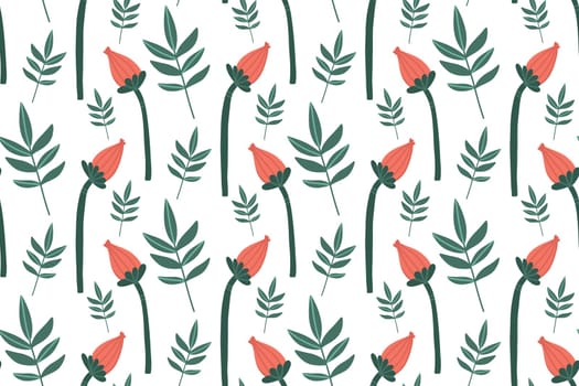 Decorative neat pattern with red closed elegant buds and green leaves on a white background