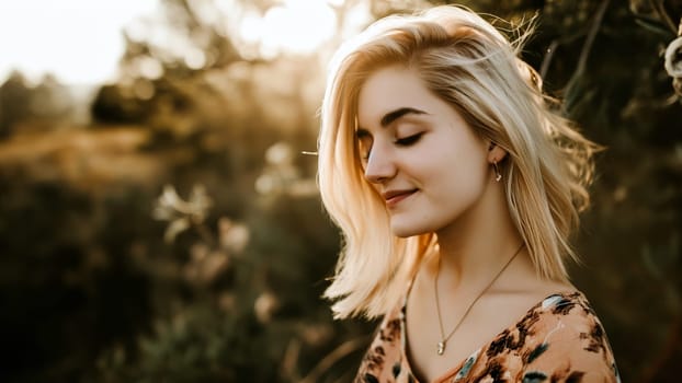 A tranquil young woman with blonde hair appears to be deeply relaxed as she savors the warm, golden light of sunset filtering through a serene forest backdrop - generative AI