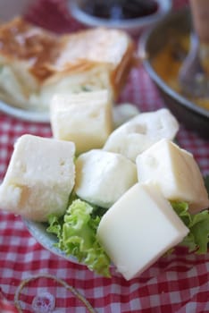 Food plate of cheese cubes and lettuce on checkered tablecloth