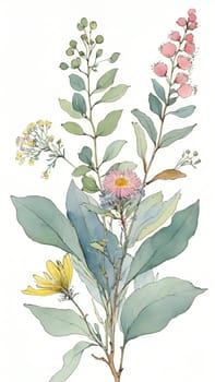 Watercolor illustration of wildflowers and eucalyptus branches.