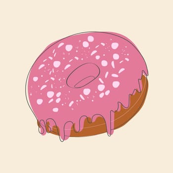 A freshly baked doughnut covered in sweet pink icing and colorful sprinkles sits on a white plate