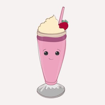 A pink smoothie served in a glass with a striped straw and a fresh cherry placed on top