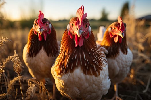 group of chickens in close-up on a walk, Generative AI