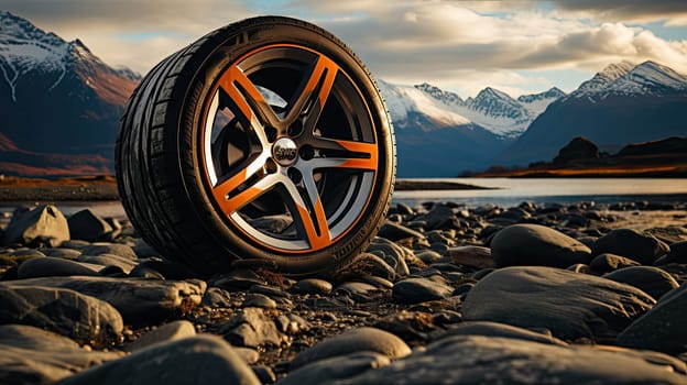 Off road treaded car wheel on top of mountain with beautiful scenery, Generate Ai