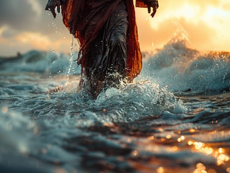 Jesus Christ Walking on Water at Sunset