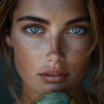 Woman With Blue Eyes Holding Globe