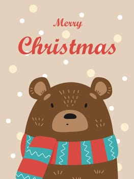 Illustration of a cute bear in a striped scarf. Vector Christmas card