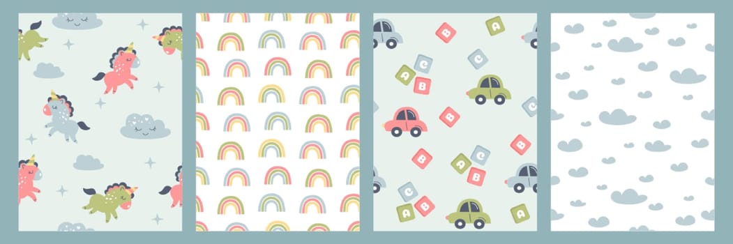 Bohemian baby seamless pattern with cute clouds, rainbow, unicorn and toy car